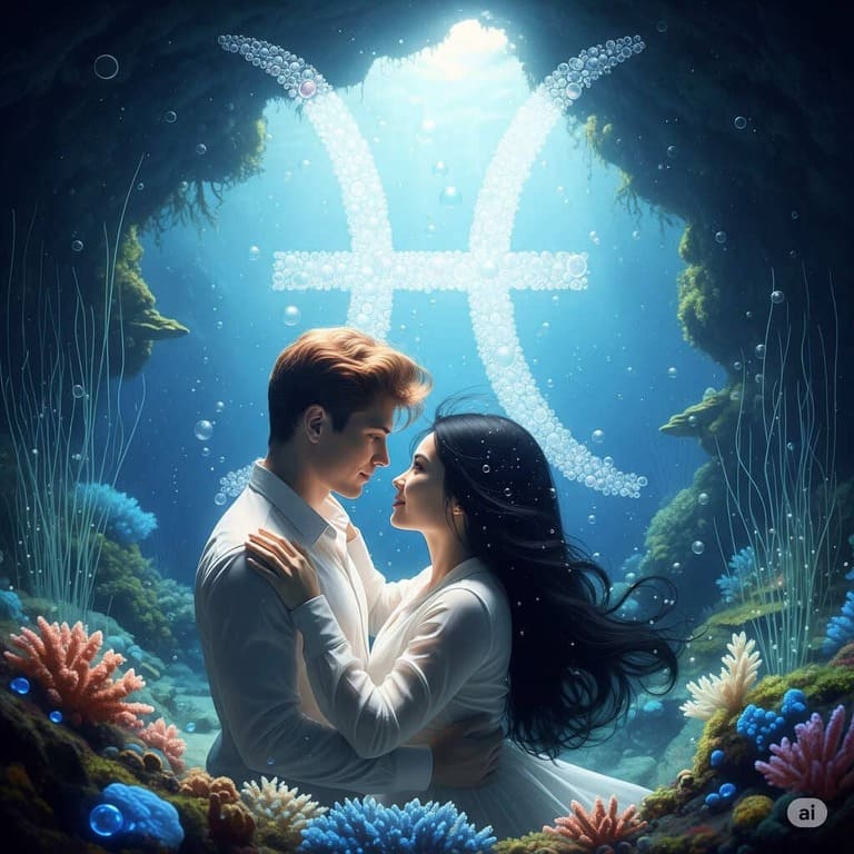 Casal romântico e sonhador, com símbolo de Peixes ao fundo e elementos aquáticos.