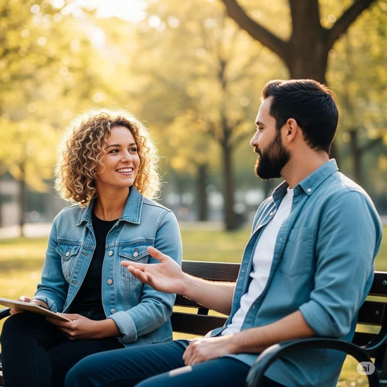 Duas pessoas conversando de forma honesta e aberta, com diálogo fluido.