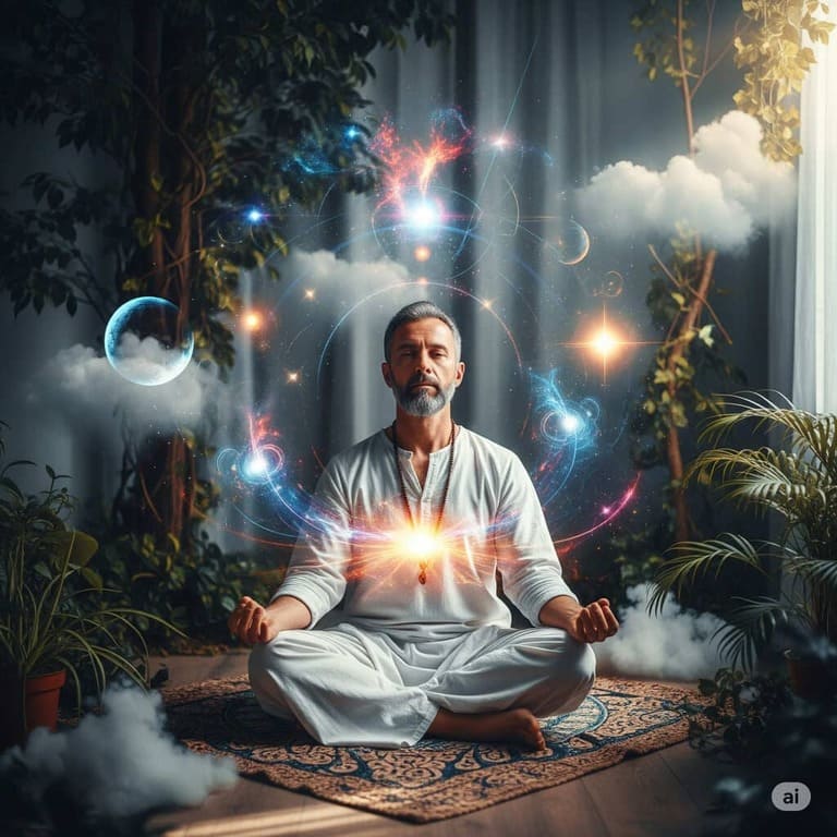 Pessoa meditando ou sonhando, com elementos etéreos e celestiais.